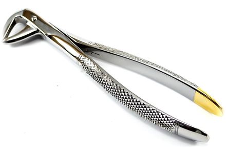 Lower molar extraction forceps with gold-tipped serrated handles