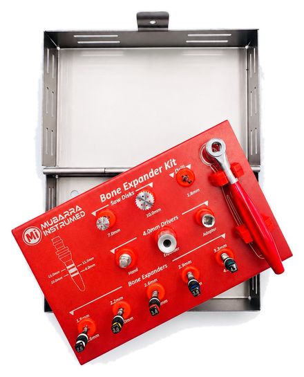 Mubarra Instrumed bone expander kit with saw disks, drivers and ratchet in its steel box